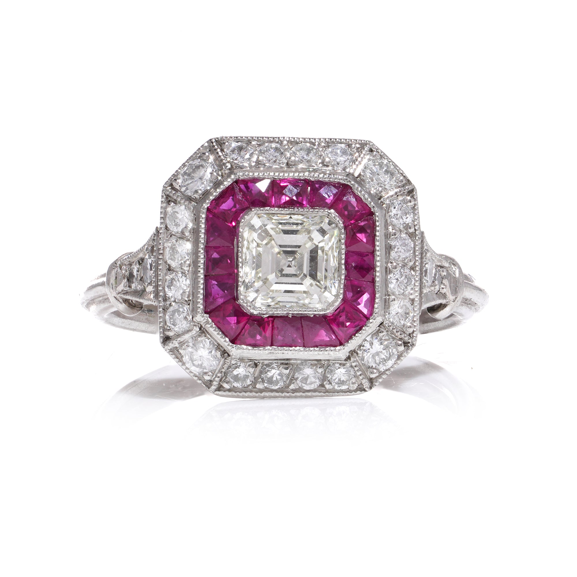 0.55ct Asscher Cut Diamond and Ruby Art Deco Revival Ring - Wildsmith Jewellery