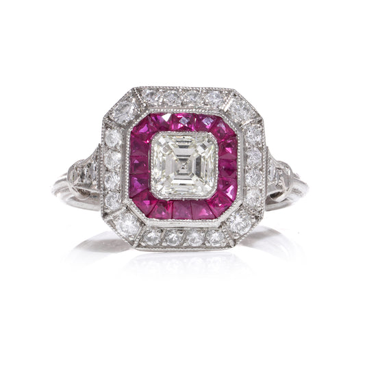 0.55ct Asscher Cut Diamond and Ruby Art Deco Revival Ring - Wildsmith Jewellery