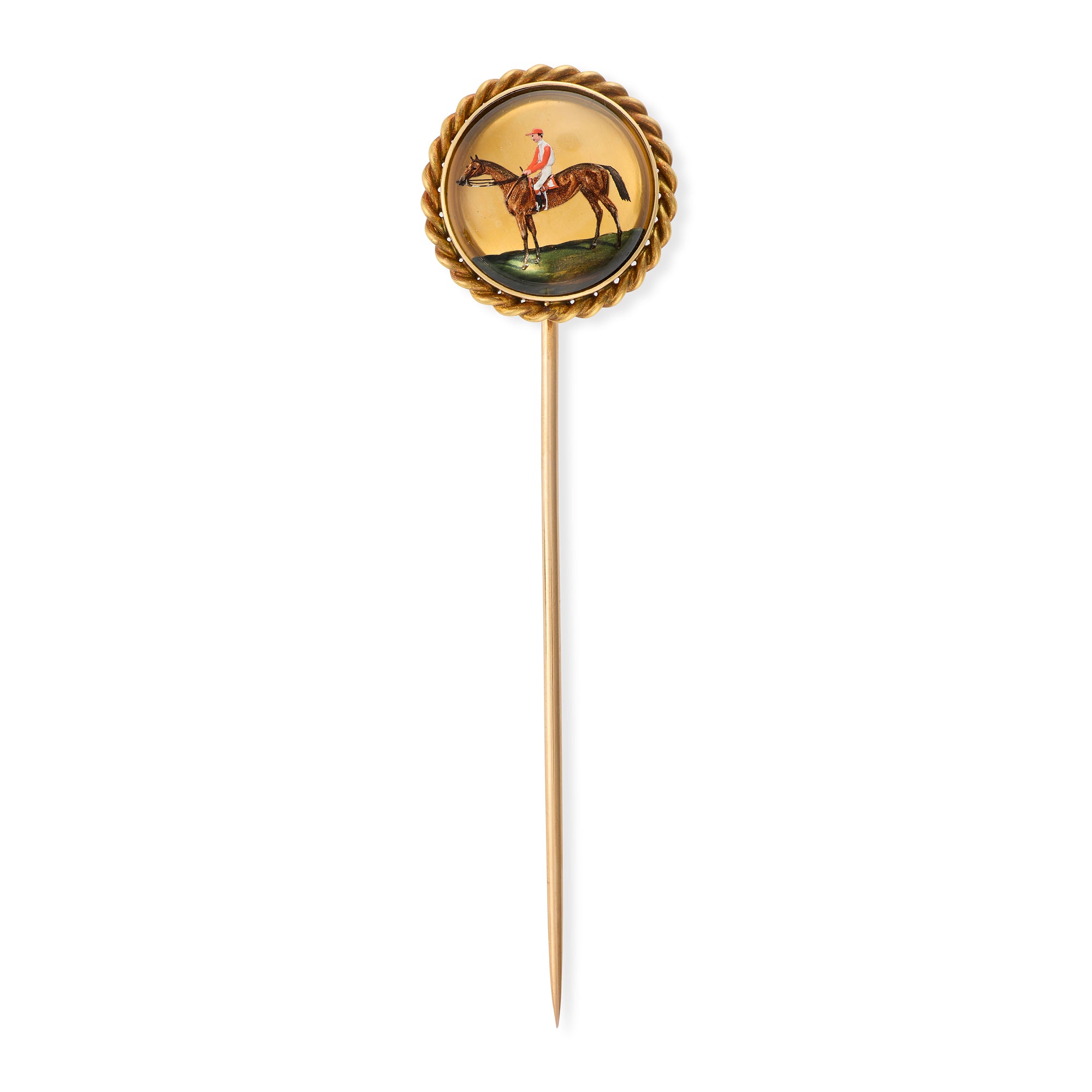 Belle Époque Reverse Intaglio Crystal Stickpin of A Jockey on Horseback - Wildsmith Jewellery