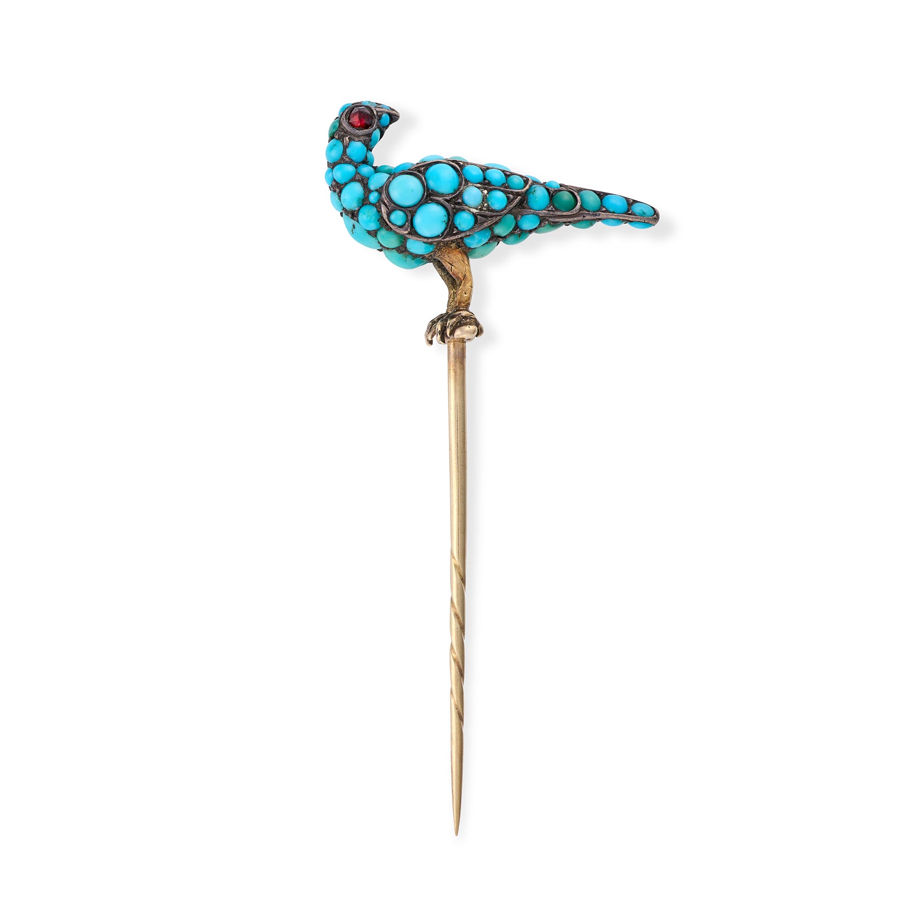 Early Victorian Turquoise & Ruby Pigeon Stickpin - Wildsmith Jewellery