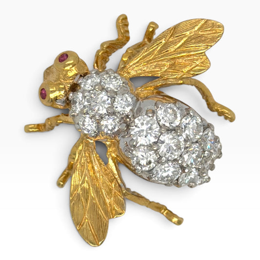 Vintage Herbert Rosenthal 18ct Gold Diamond & Ruby Bee Brooch