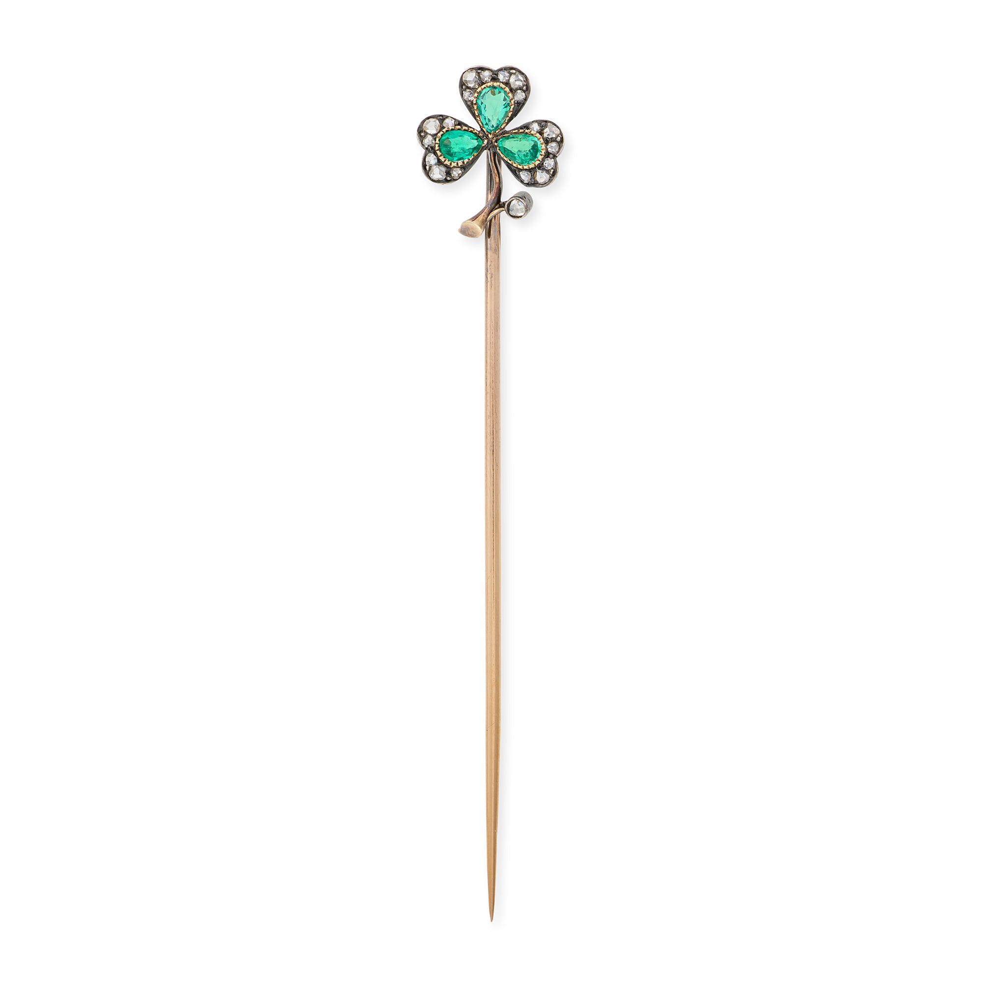 Antique Emerald & Diamond Three Leaf Clover Stickpin, French - Wildsmith Jewellery