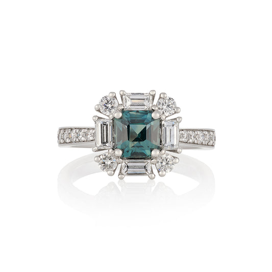 Art Deco Teal Sapphire & Diamond Ring