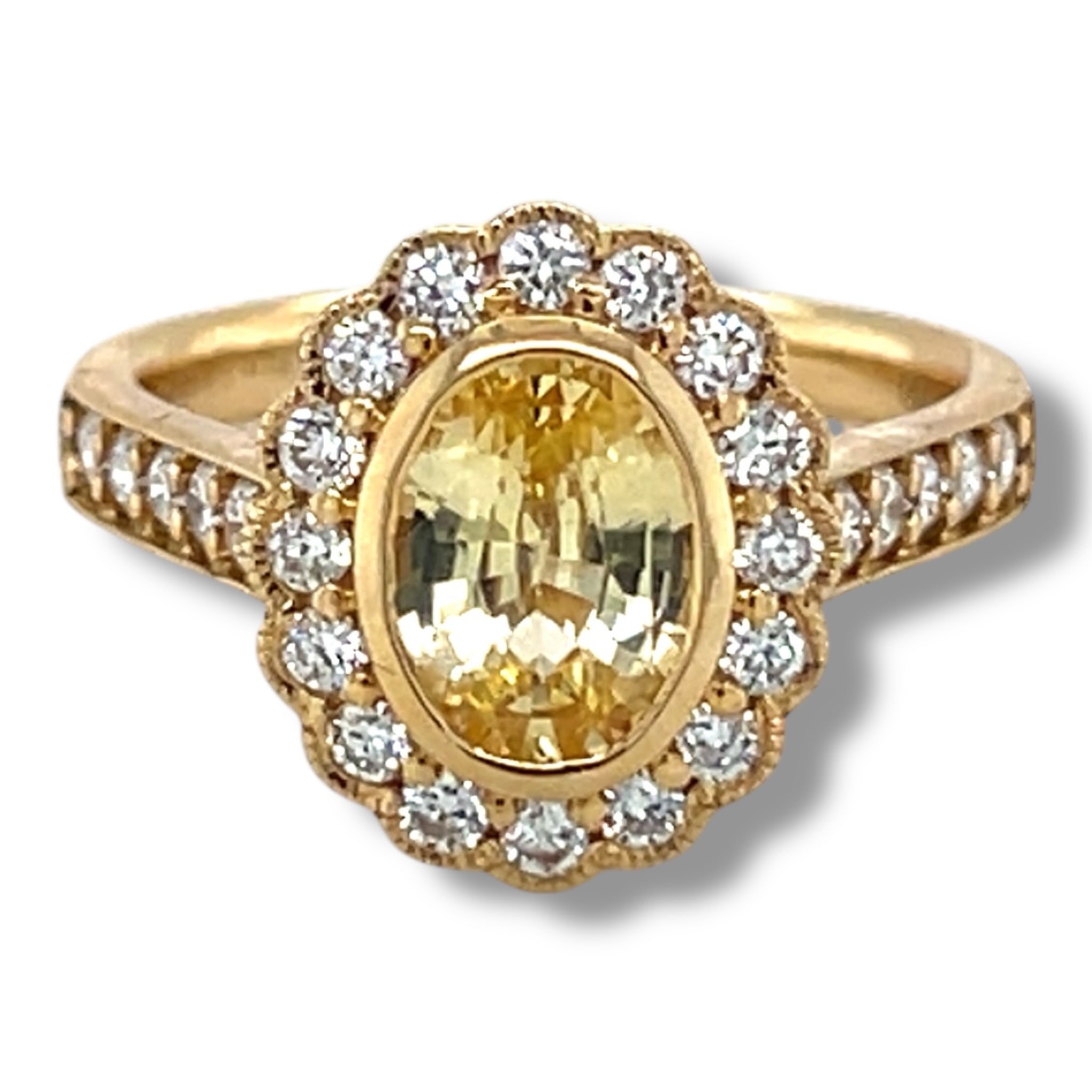 1.36cts Oval Golden Sapphire & Diamond Cluster Ring - Wildsmith Jewellery