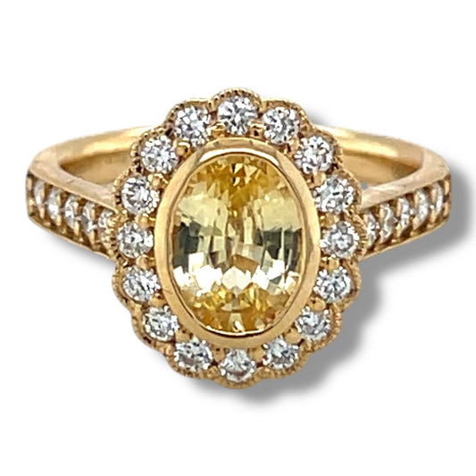 1.36cts Oval Golden Sapphire & Diamond Cluster Ring - Wildsmith Jewellery