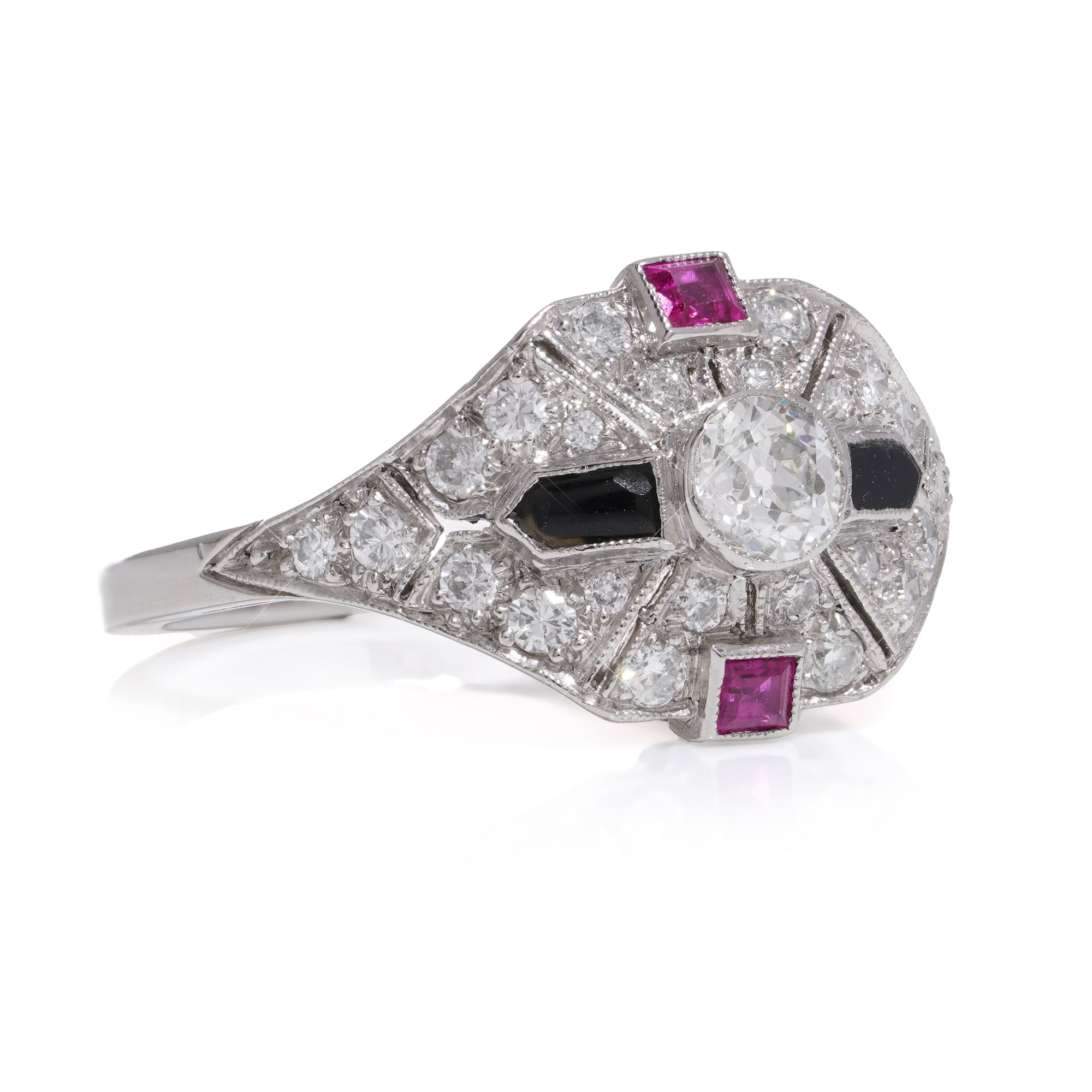 Art Deco Diamond, Ruby and Onyx Ring - Wildsmith Jewellery