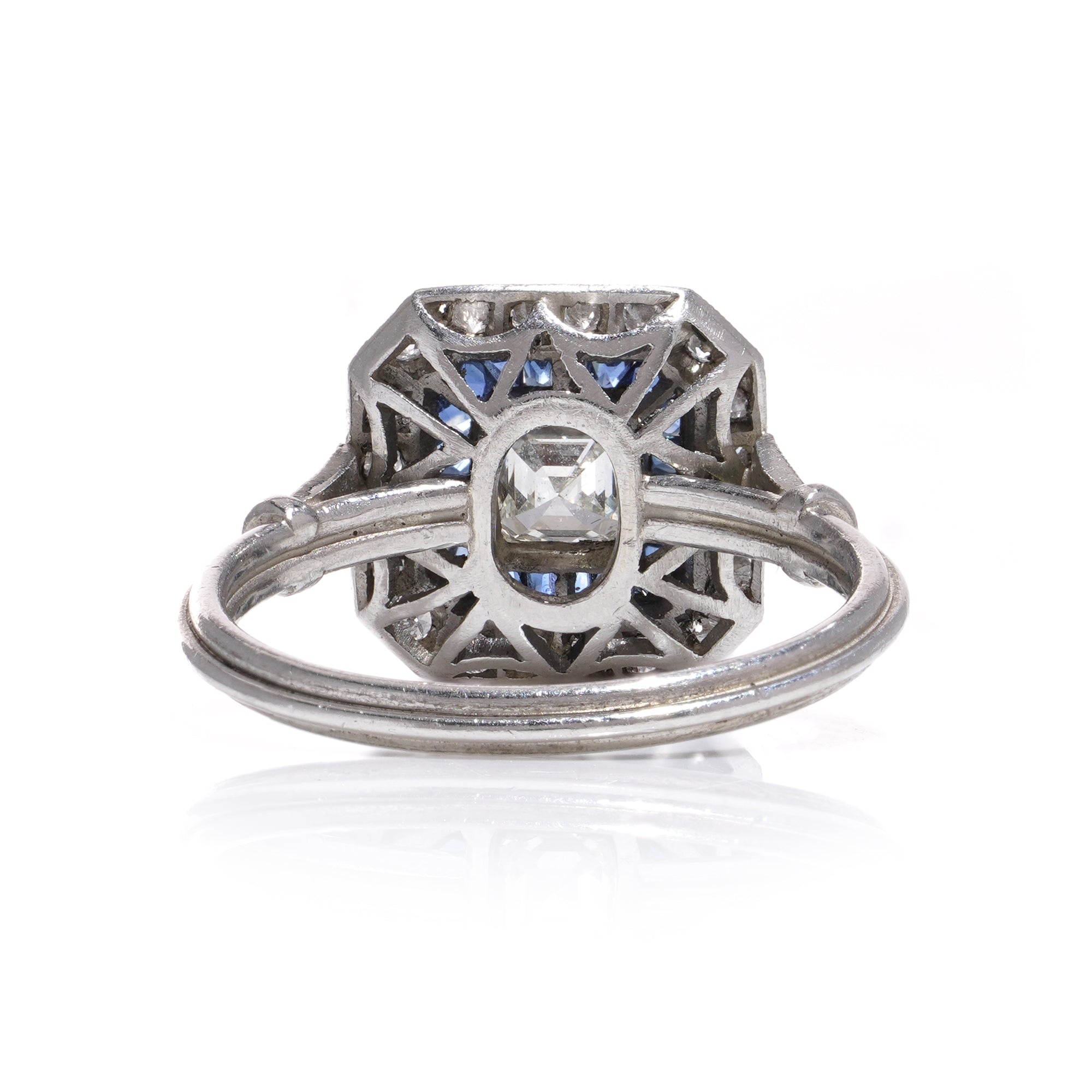 0.55ct Asscher Cut Diamond and Sapphire Art Deco Revival Ring - Wildsmith Jewellery