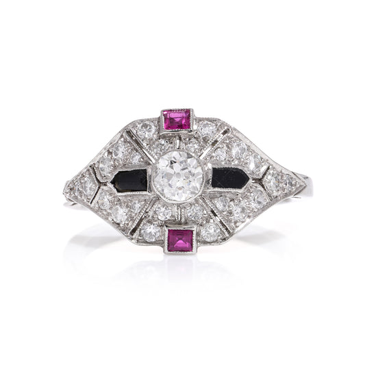 Art Deco Diamond, Ruby and Onyx Ring - Wildsmith Jewellery