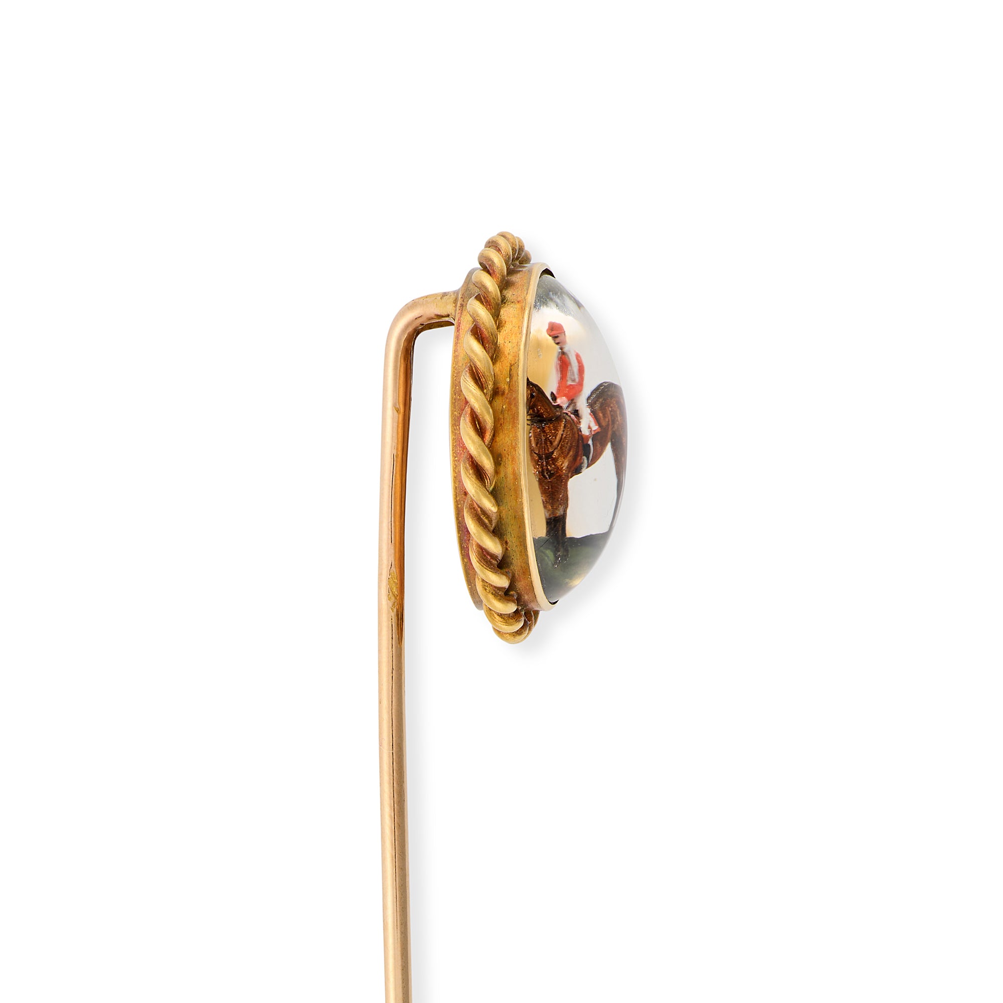 Belle Époque Reverse Intaglio Crystal Stickpin of A Jockey on Horseback - Wildsmith Jewellery