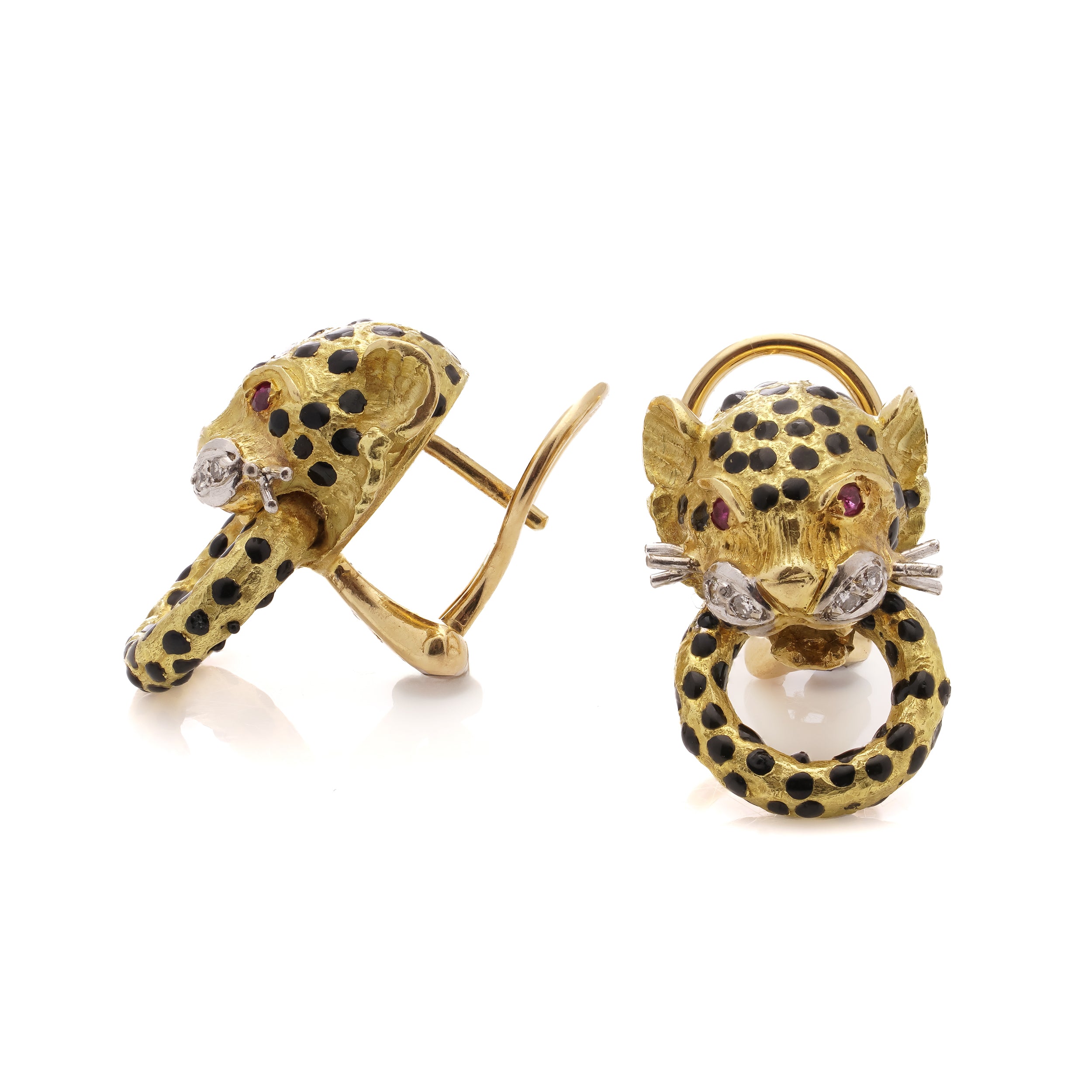 18ct Gold Ruby, Diamond & Enamel Panther 'Door Knocker' Earrings - Wildsmith Jewellery