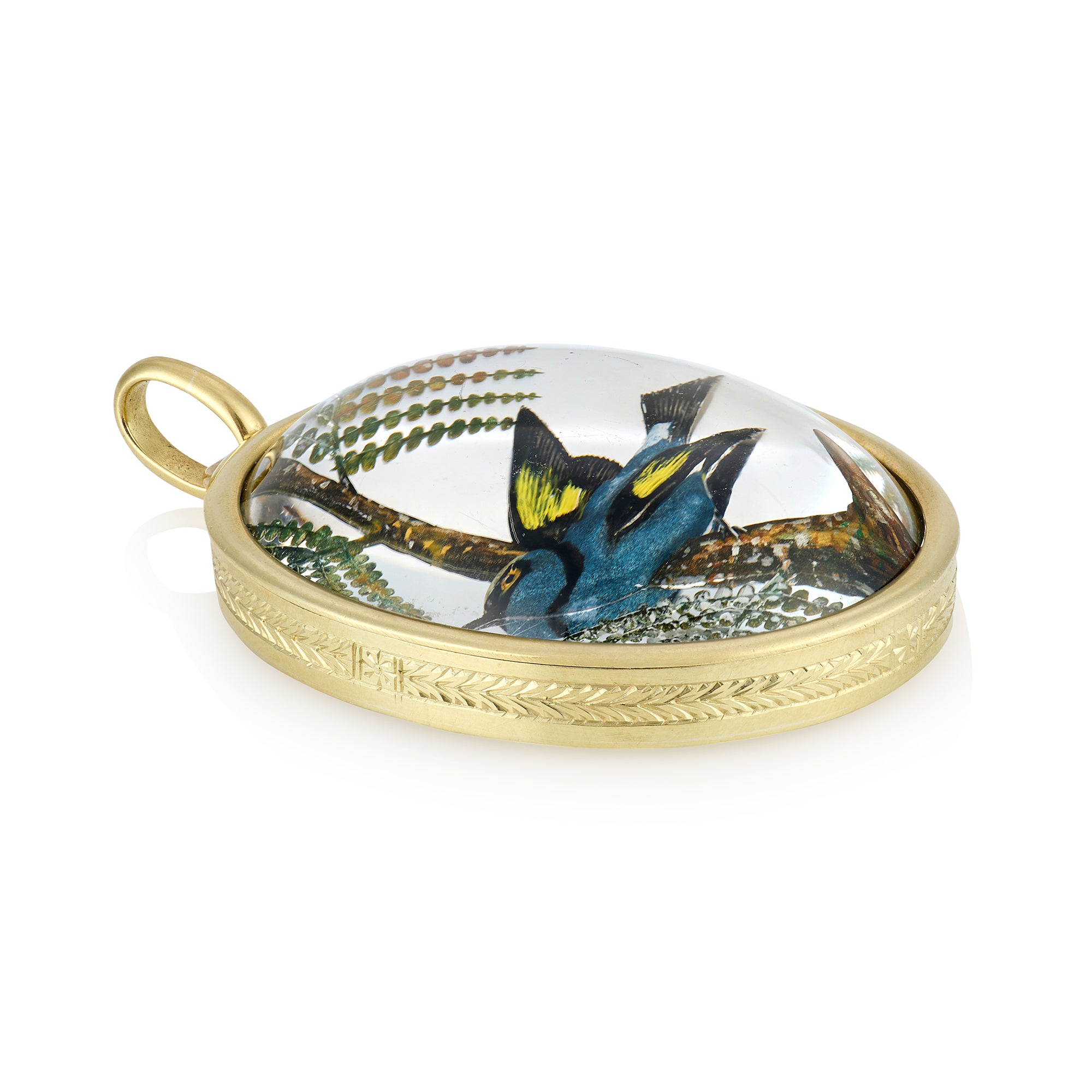Victorian 15ct Gold Essex Crystal Blue Tit Pendant - Wildsmith Jewellery