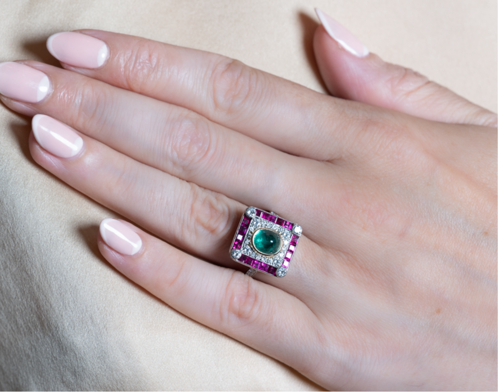 Art Deco Style Emerald, Ruby & Diamond Ring - Wildsmith Jewellery
