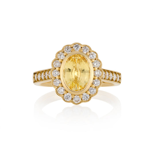 1.36cts Oval Golden Sapphire & Diamond Cluster Ring - Wildsmith Jewellery