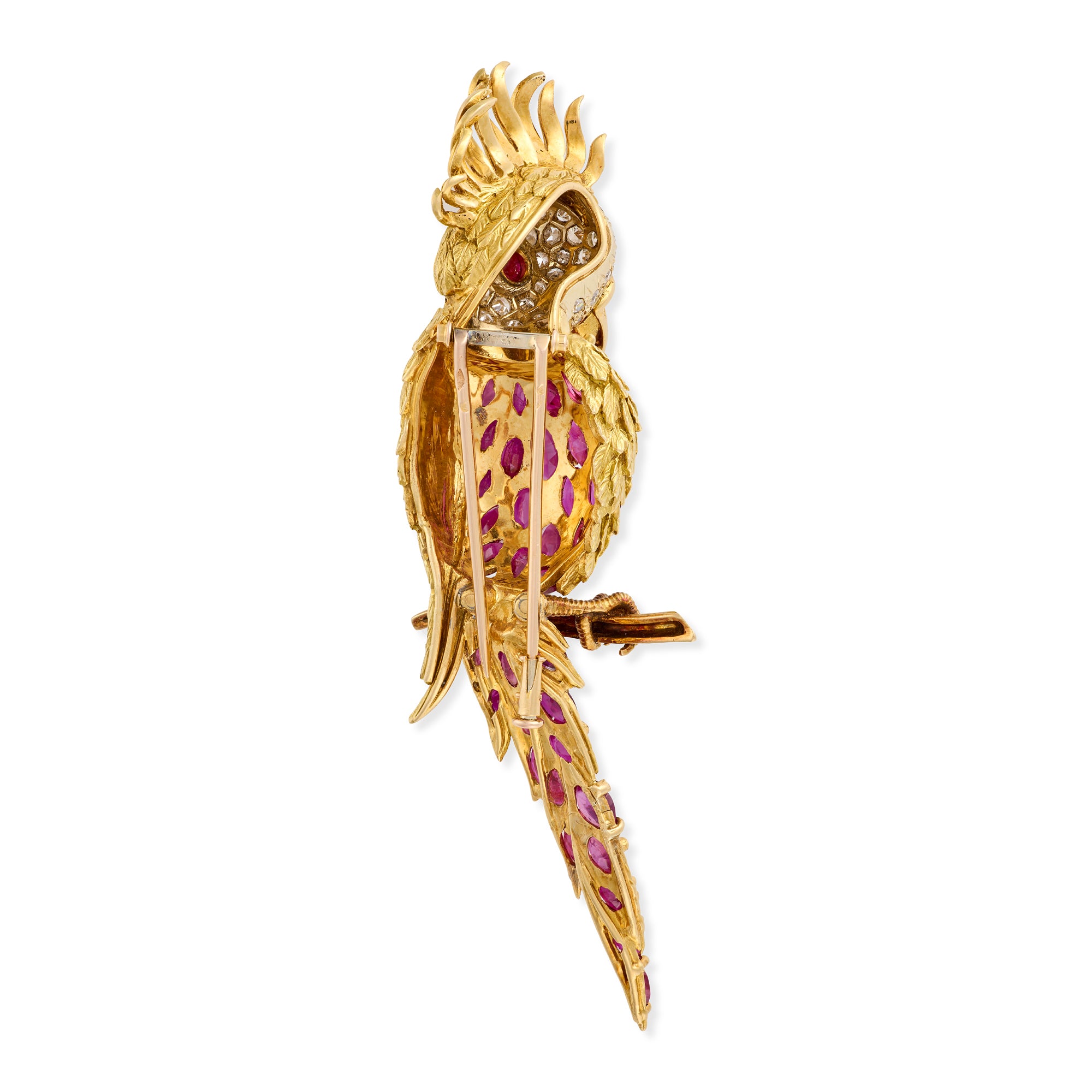 1970's Ruby and Diamond Cockatoo Brooch, French - Wildsmith Jewellery