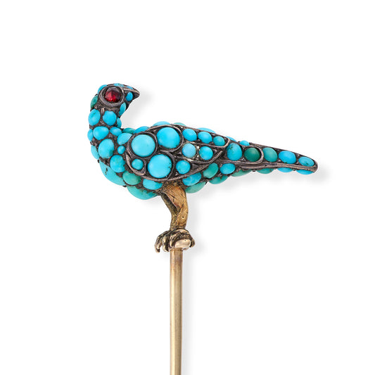 Early Victorian Turquoise & Ruby Pigeon Stickpin - Wildsmith Jewellery
