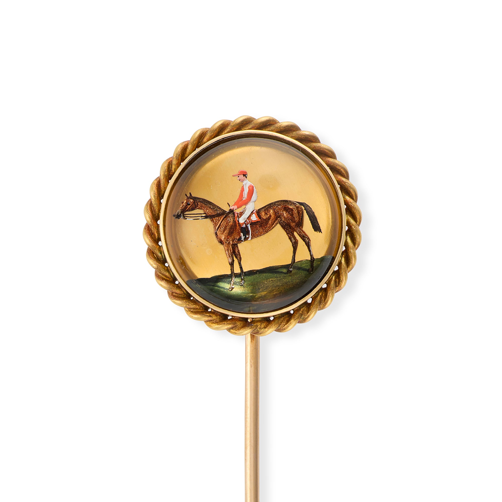 Belle Époque Reverse Intaglio Crystal Stickpin of A Jockey on Horseback - Wildsmith Jewellery
