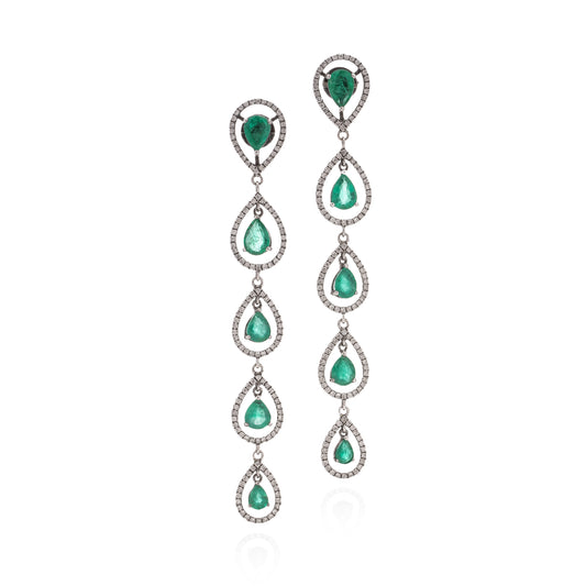 Vintage Emerald & Diamond Long Drop Earrings - Wildsmith Jewellery