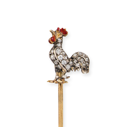 Edwardian 15ct Gold Diamond & Enamel Cockerel Stickpin - Wildsmith Jewellery