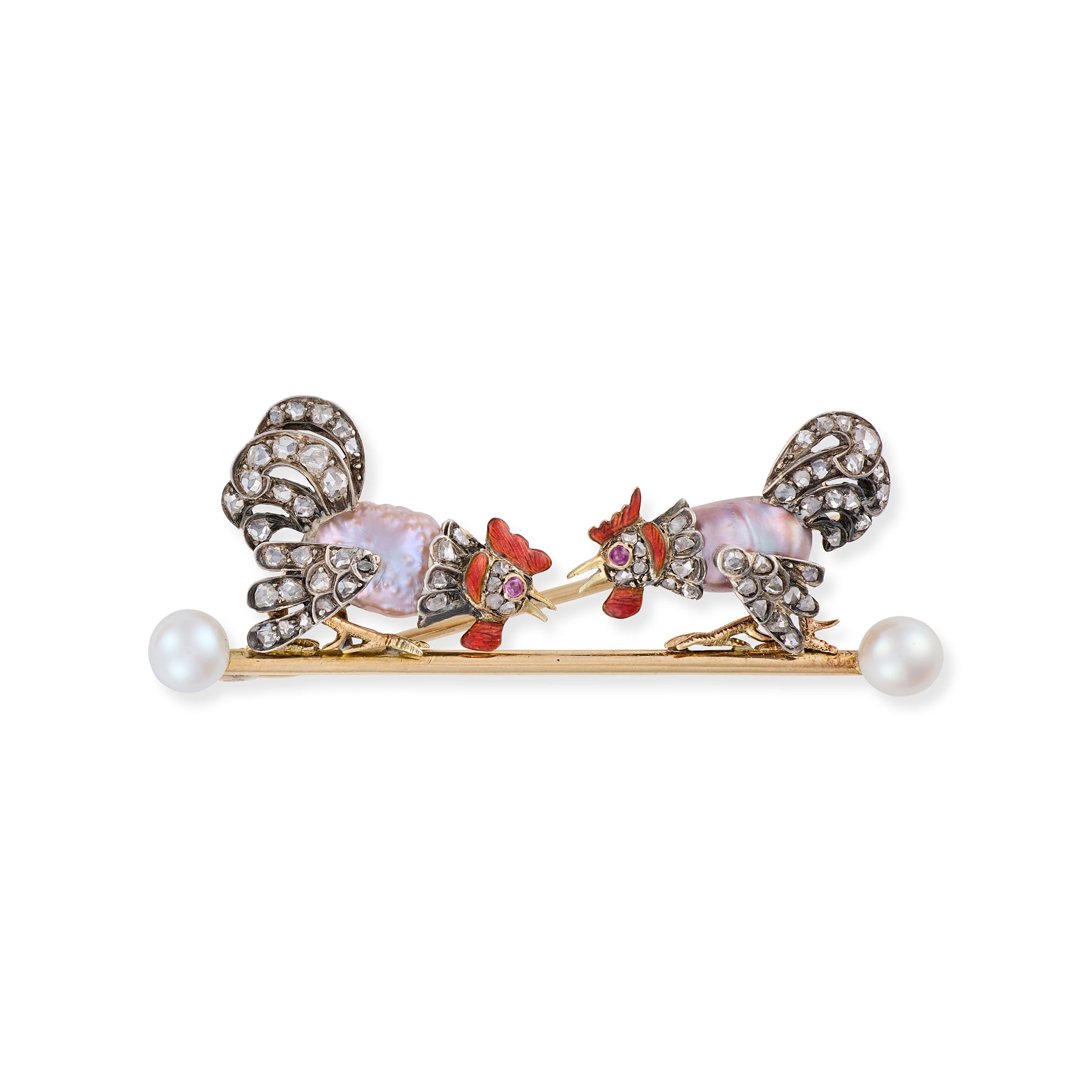 Edwardian 15ct Gold Natural Pearl & Diamond Cockfighting Brooch