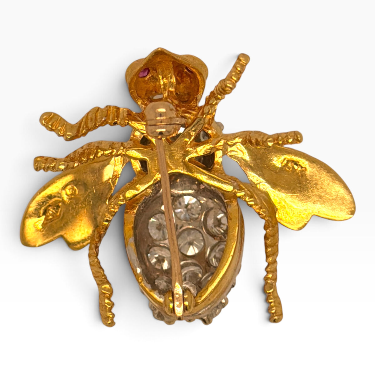Vintage Herbert Rosenthal 18ct Gold Diamond & Ruby Bee Brooch