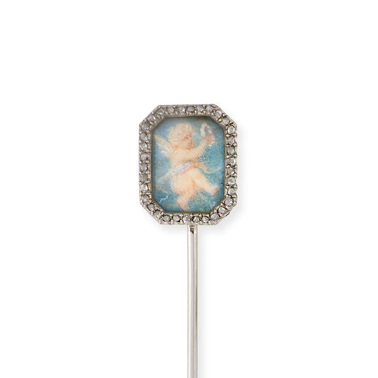 Ceramic & Diamond Cherub Miniature Stickpin, probably by Fernand Paillet - Wildsmith Jewellery
