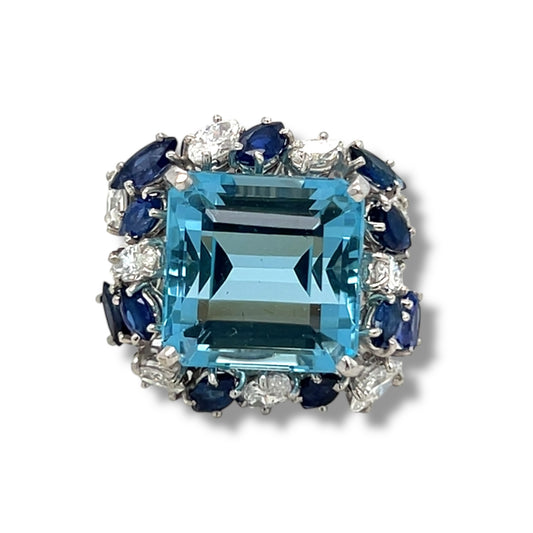 Vintage 1960's Aquamarine, Sapphire & Diamond Cocktail Ring