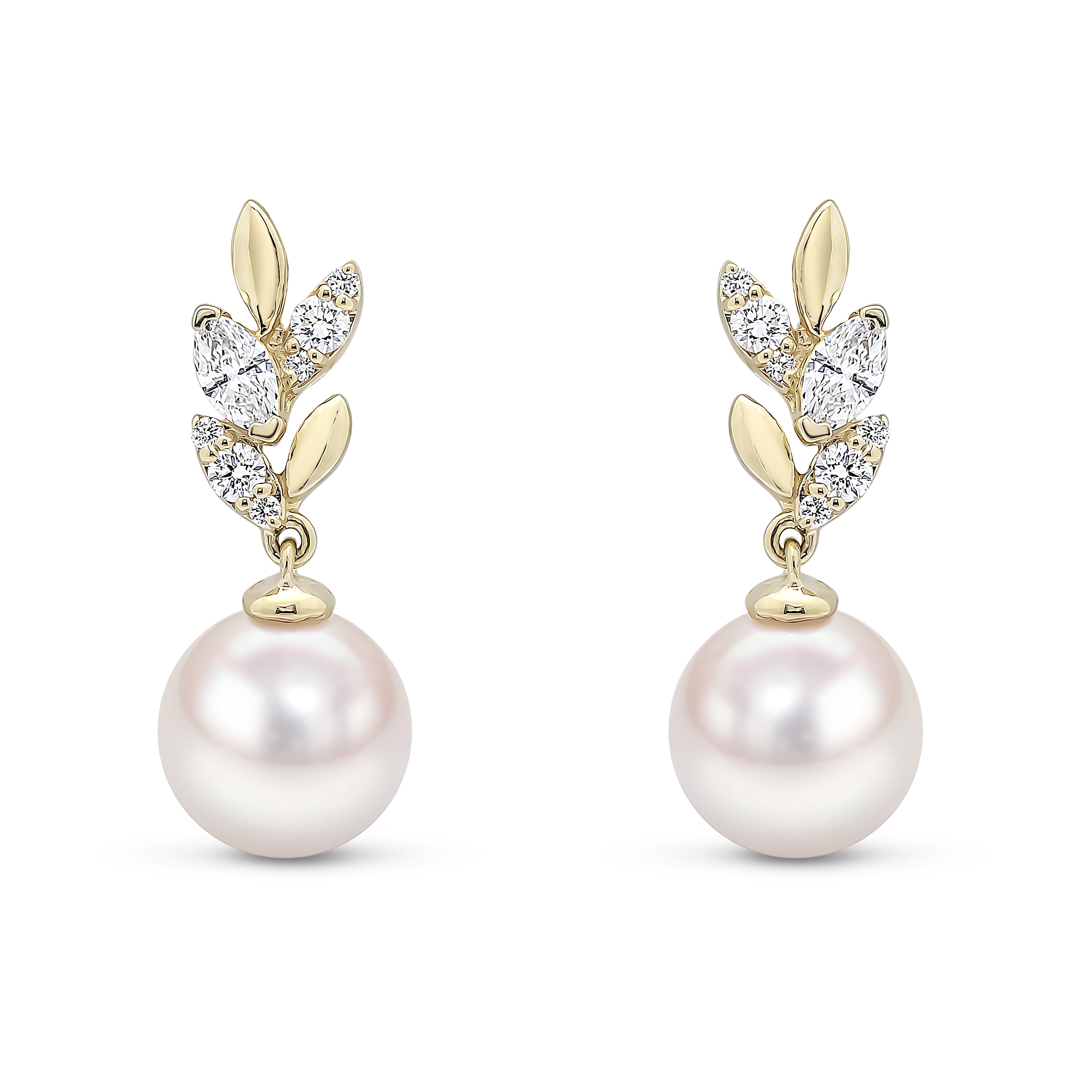 18ct Gold Akoya Pearl & Marquise Diamond Drop Earrings - Wildsmith Jewellery