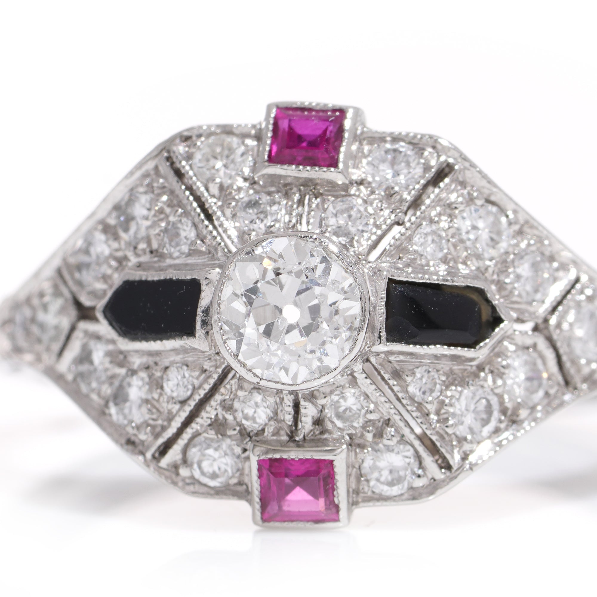 Art Deco Diamond, Ruby and Onyx Ring - Wildsmith Jewellery