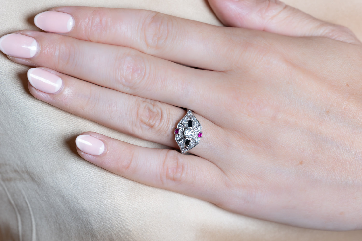 Art Deco Diamond, Ruby and Onyx Ring - Wildsmith Jewellery