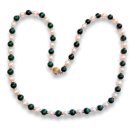 Malachite, Pearl & 9ct Gold Bead Necklace