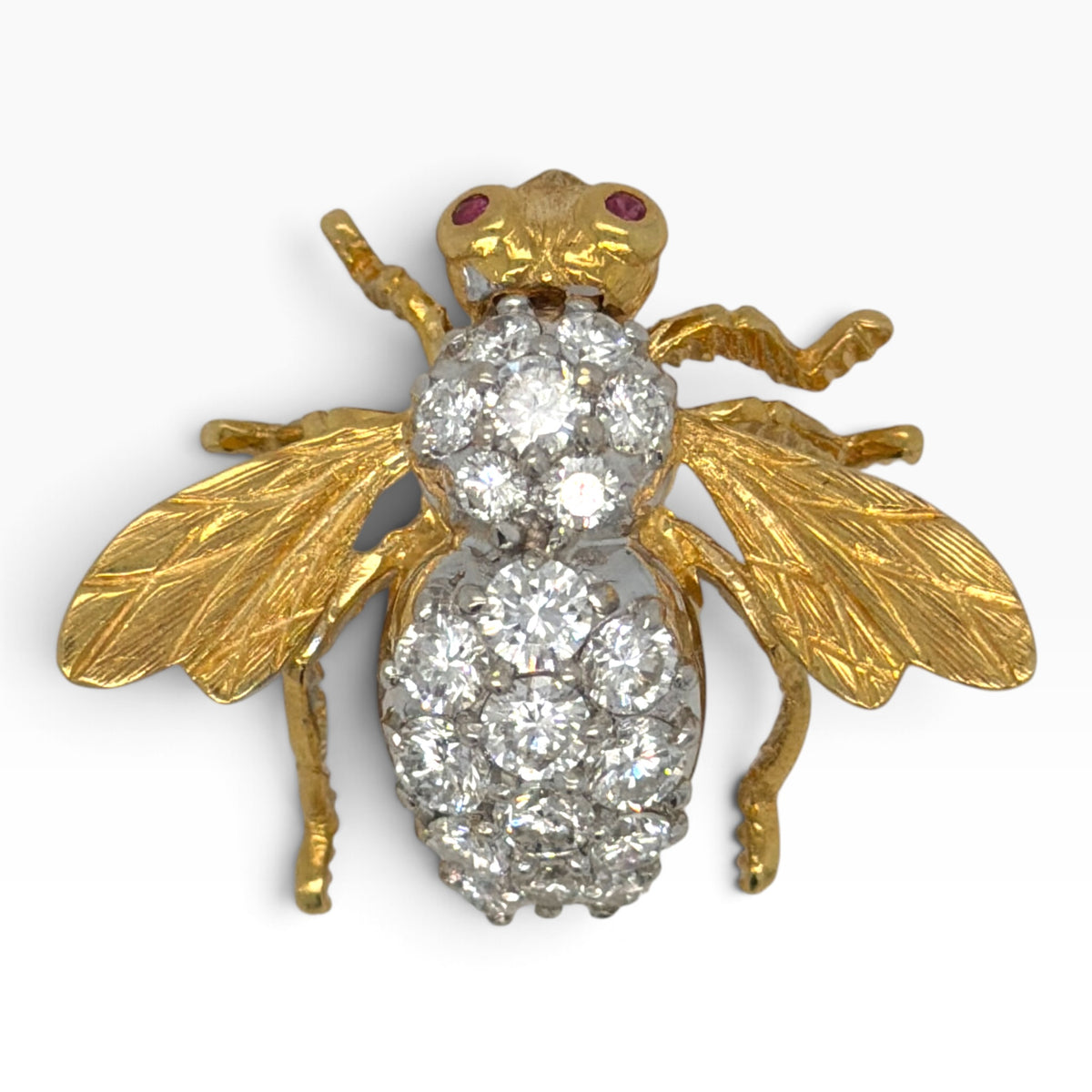 Vintage Herbert Rosenthal 18ct Gold Diamond & Ruby Bee Brooch