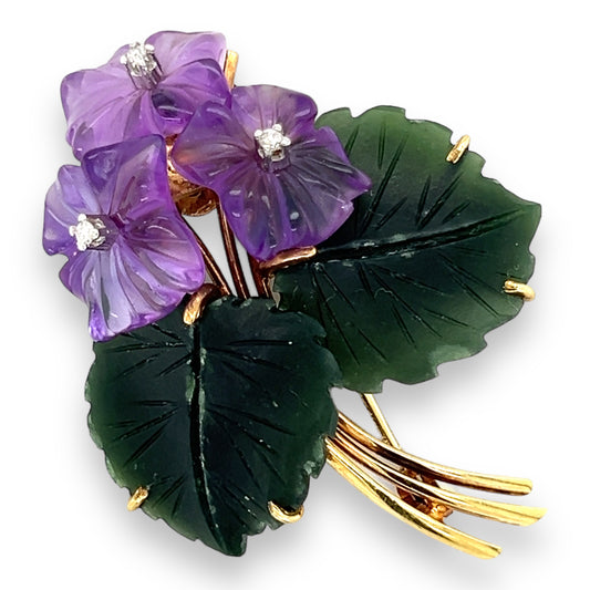 Mid Century Nephrite, Amethyst & Diamond Brooch - Wildsmith Jewellery