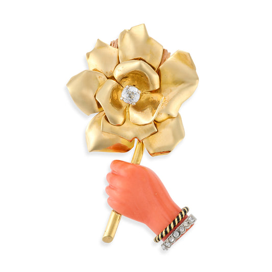 Cartier Paris Gold, Diamond, Carved Coral Brooch - Wildsmith Jewellery