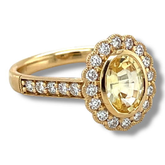 1.36cts Oval Golden Sapphire & Diamond Cluster Ring - Wildsmith Jewellery