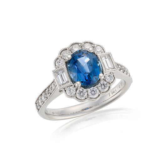Teal Sapphire & Diamond Cluster Ring