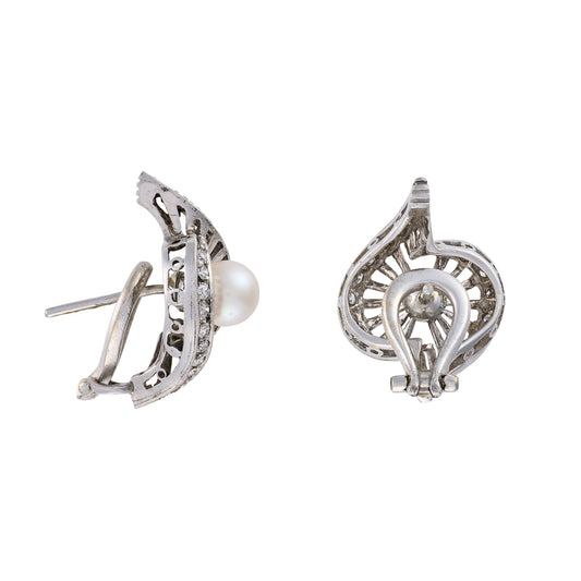 Vintage White Gold Pearl & Diamond Earrings