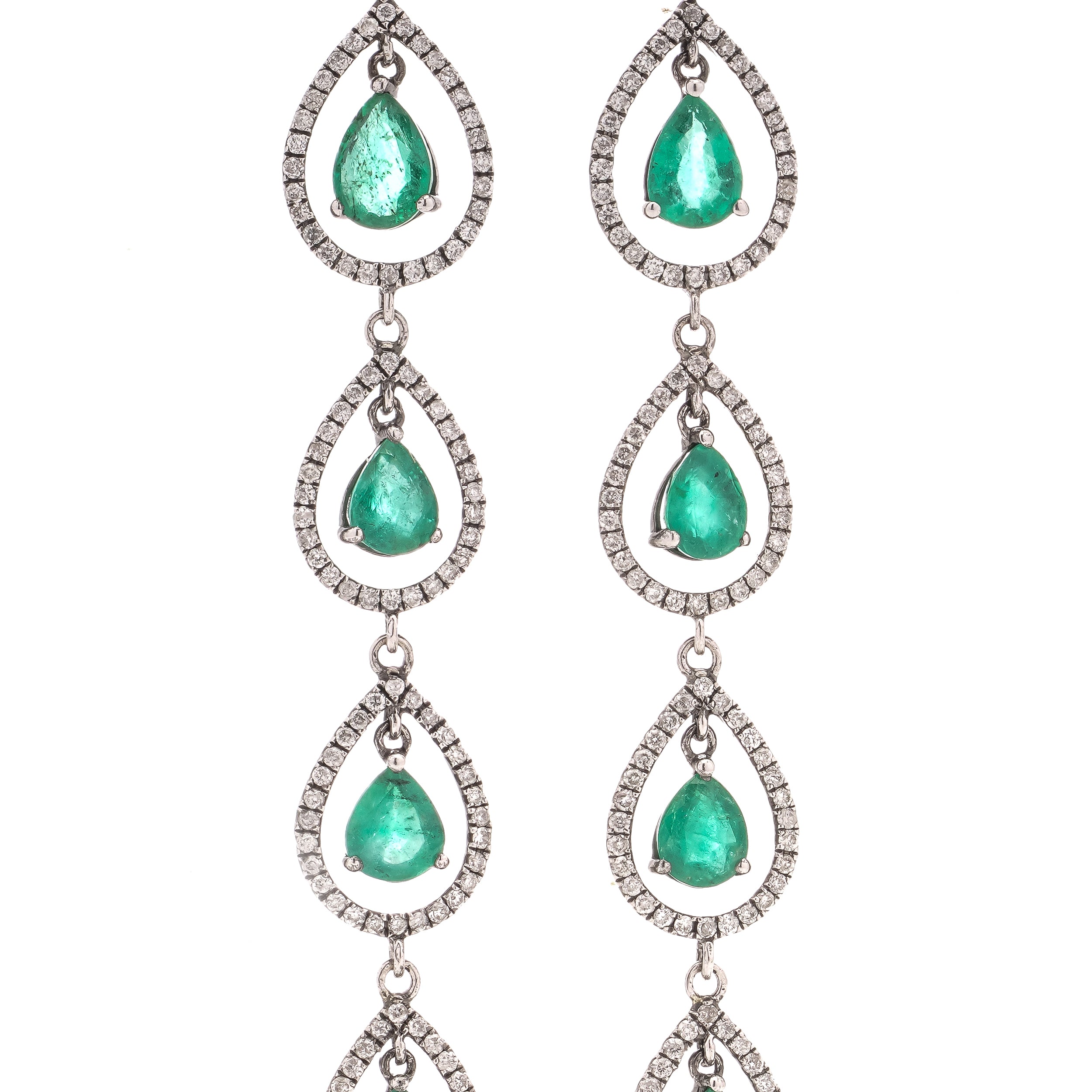 Vintage Emerald & Diamond Long Drop Earrings - Wildsmith Jewellery