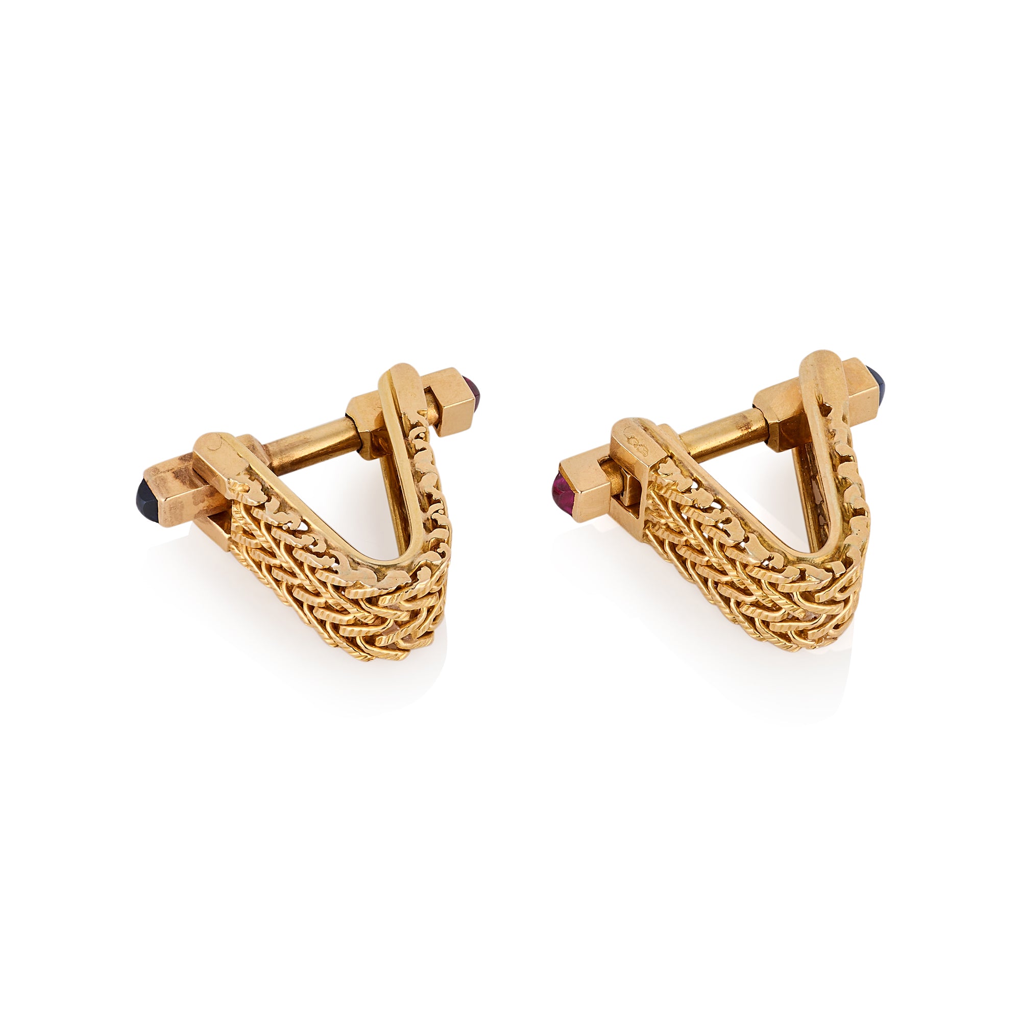 1940's 18ct Gold, Ruby & Sapphire Knitted Gold Cufflinks - Wildsmith Jewellery