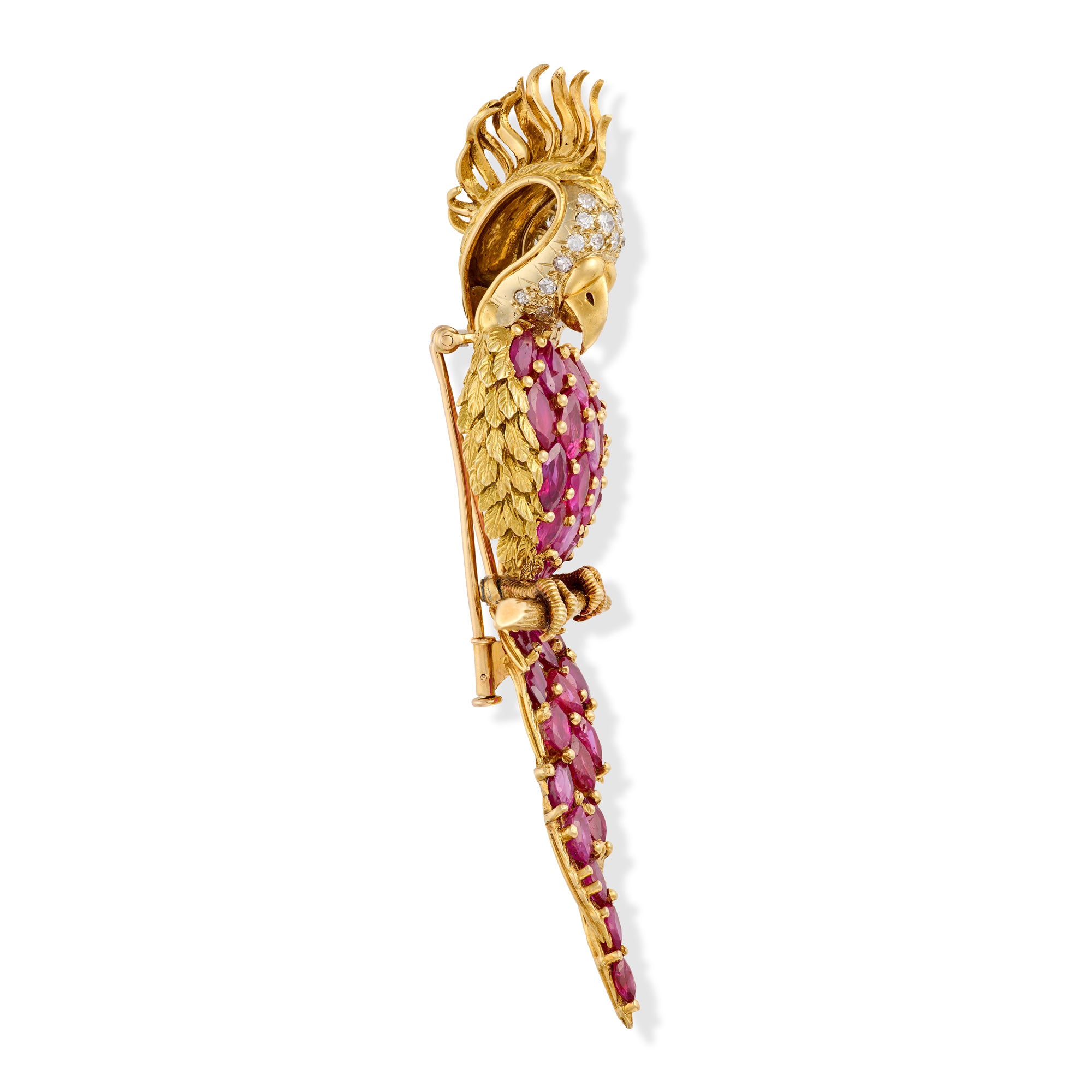 1970's Ruby and Diamond Cockatoo Brooch, French - Wildsmith Jewellery