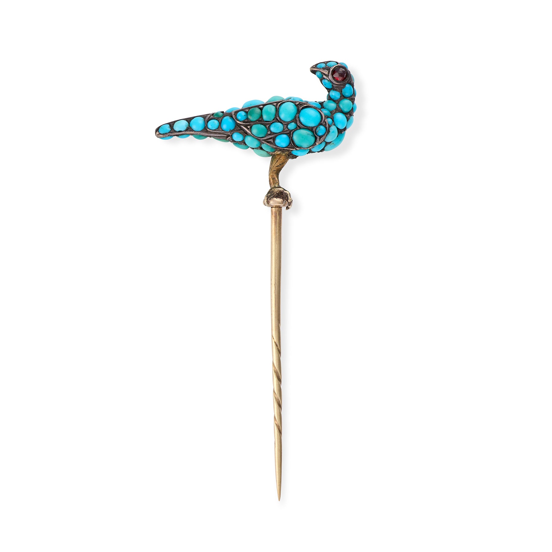 Early Victorian Turquoise & Ruby Pigeon Stickpin - Wildsmith Jewellery