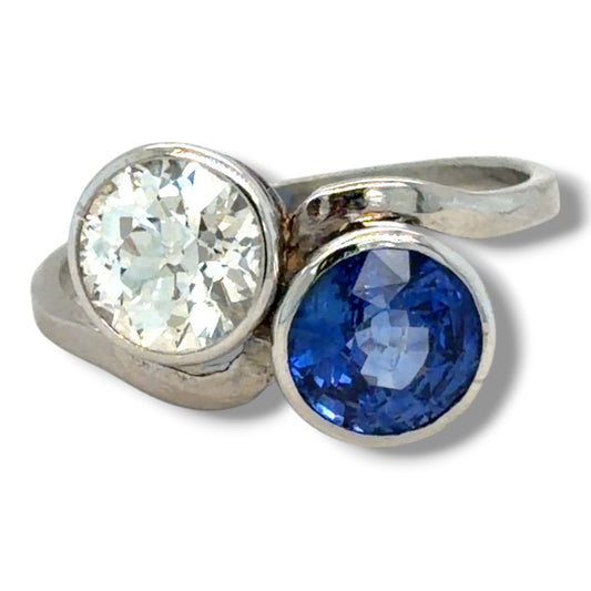 1920's Toi et Moi Old Cut Diamond & Sapphire Ring