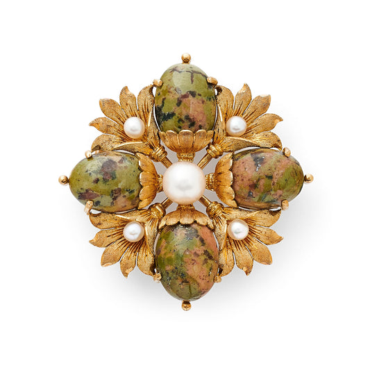 1950's 18ct Gold, Agate & Pearl Brooch - Wildsmith Jewellery