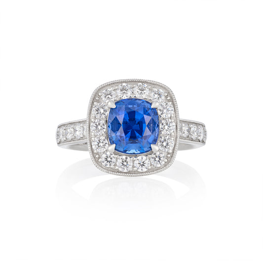 2.24ct Cussion Cut Sapphire & Diamond Cluster Ring - Wildsmith Jewellery