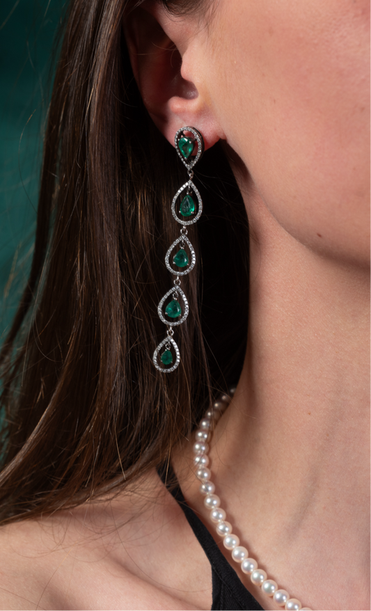 Vintage Emerald & Diamond Long Drop Earrings - Wildsmith Jewellery