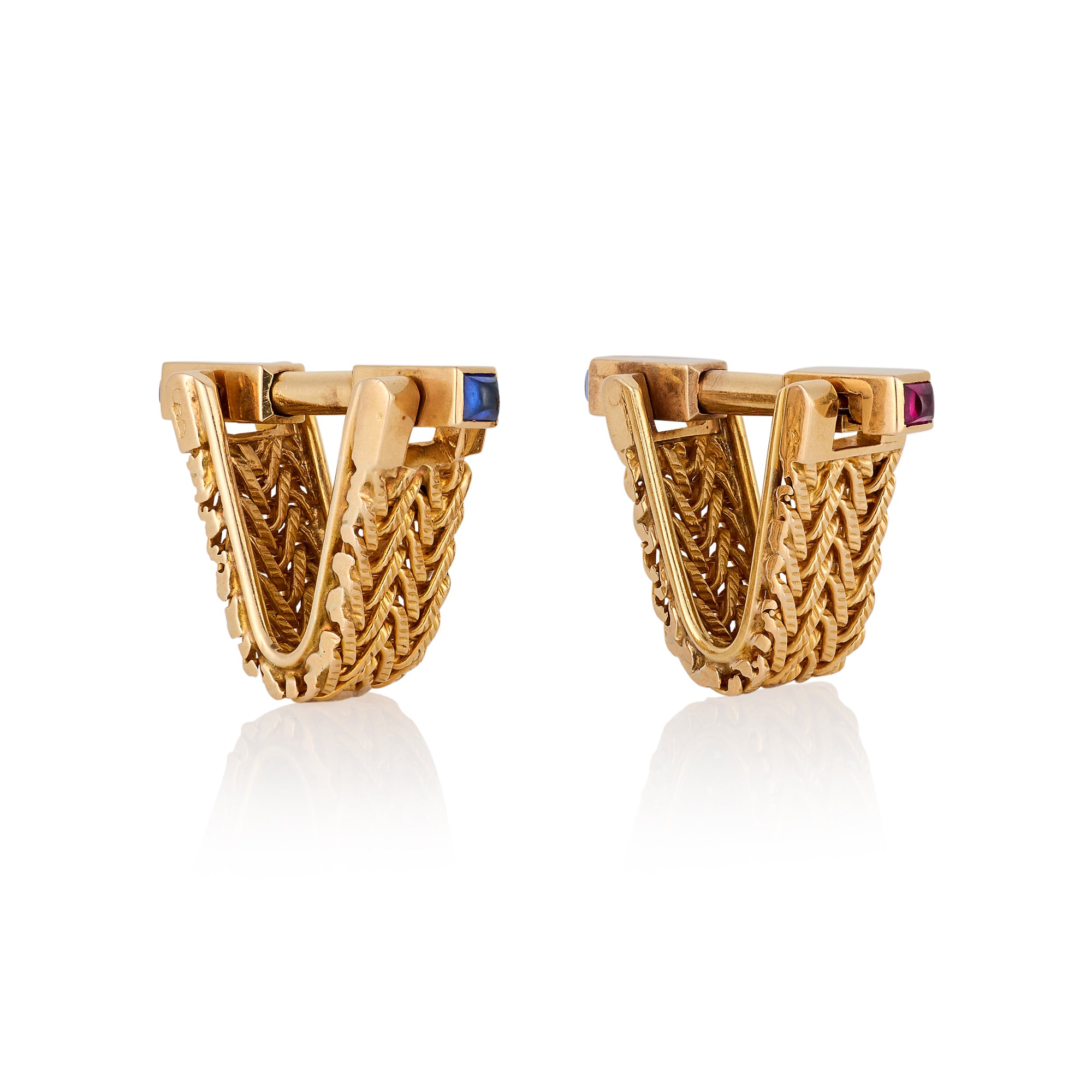 1940's 18ct Gold, Ruby & Sapphire Knitted Gold Cufflinks - Wildsmith Jewellery