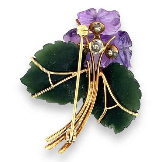 Mid Century Nephrite, Amethyst & Diamond Brooch - Wildsmith Jewellery
