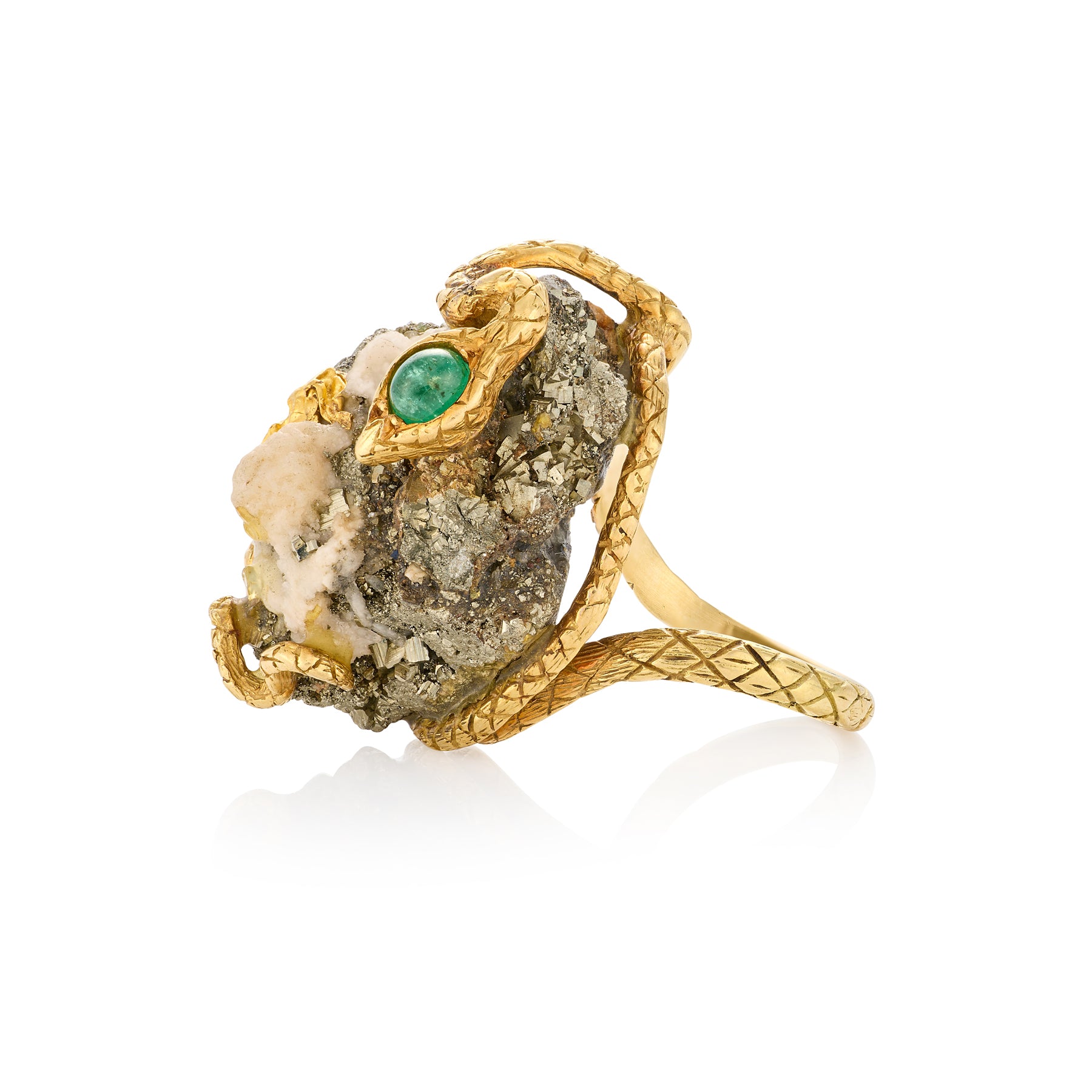Emerald, Pyrite Snake Nest Ring, French