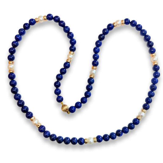 Vintage Lapis Lazuli, Pearl & 9ct Gold Bead Necklace