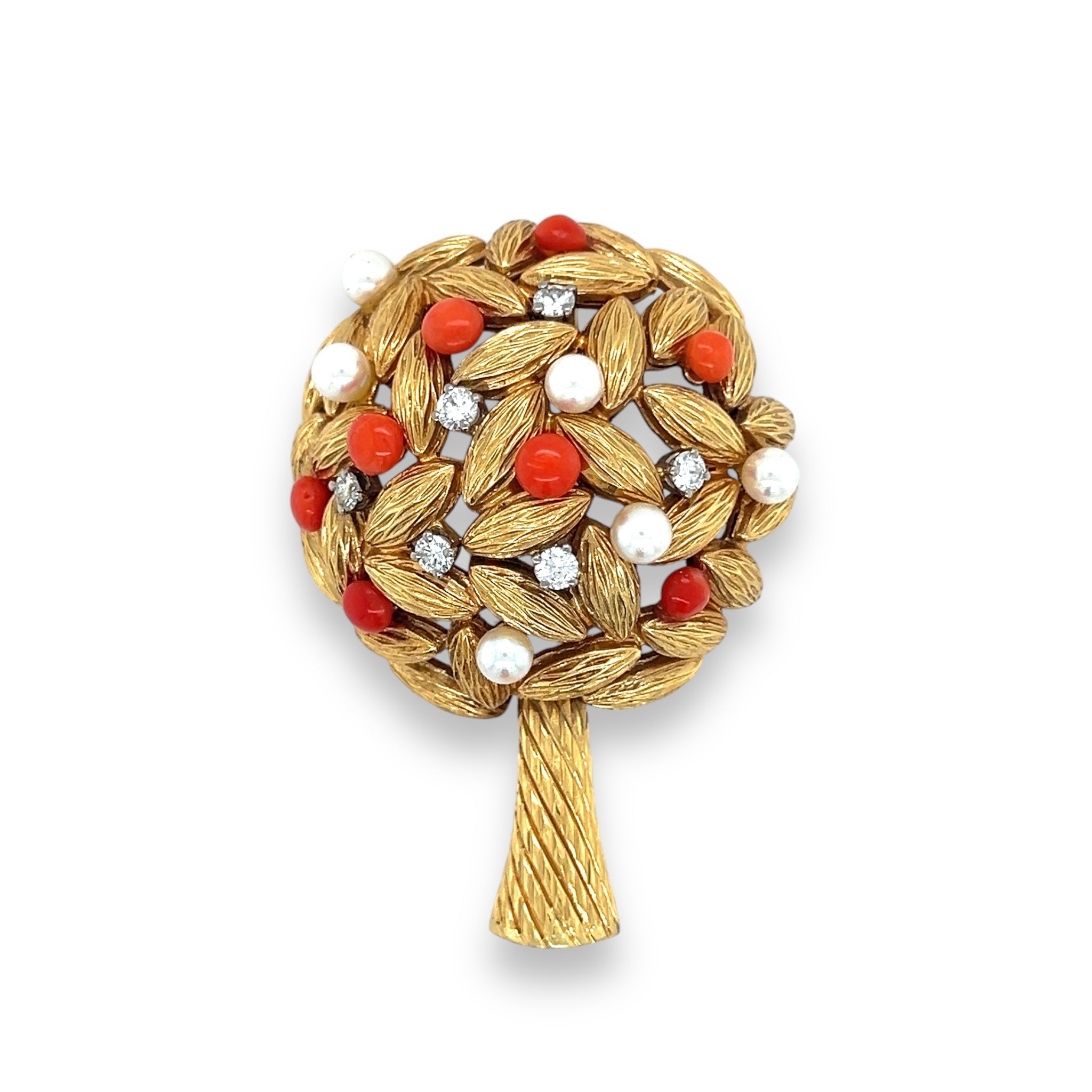 Vintage Coral, Diamond & Natural Pearl Rowan Tree Brooch - Wildsmith Jewellery