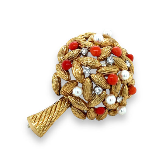 Vintage Coral, Diamond & Natural Pearl Rowan Tree Brooch - Wildsmith Jewellery